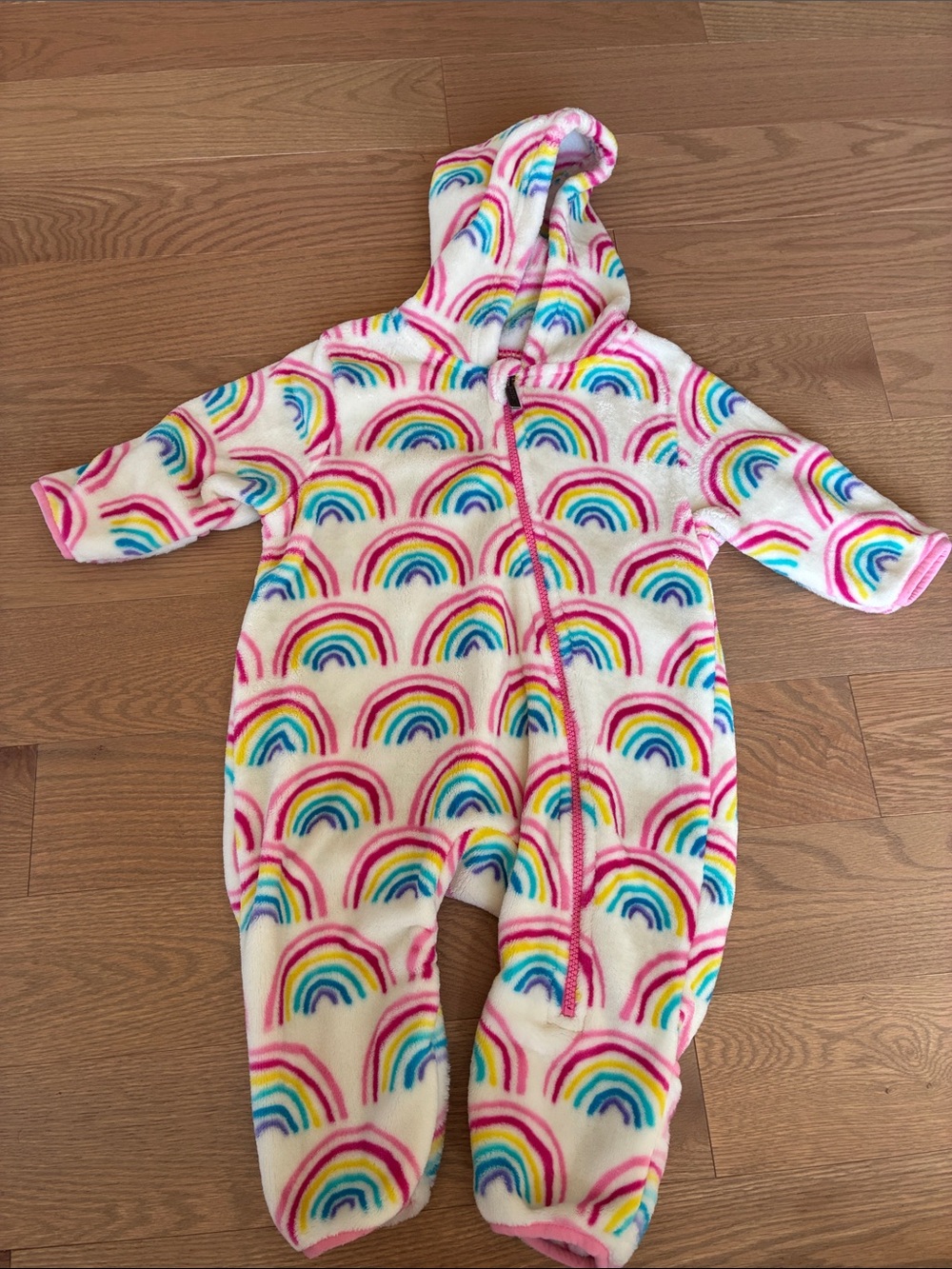 Hatley Rainbow Hooded Fleece One-Piece - White with Pink, Blue, Yellow Accents